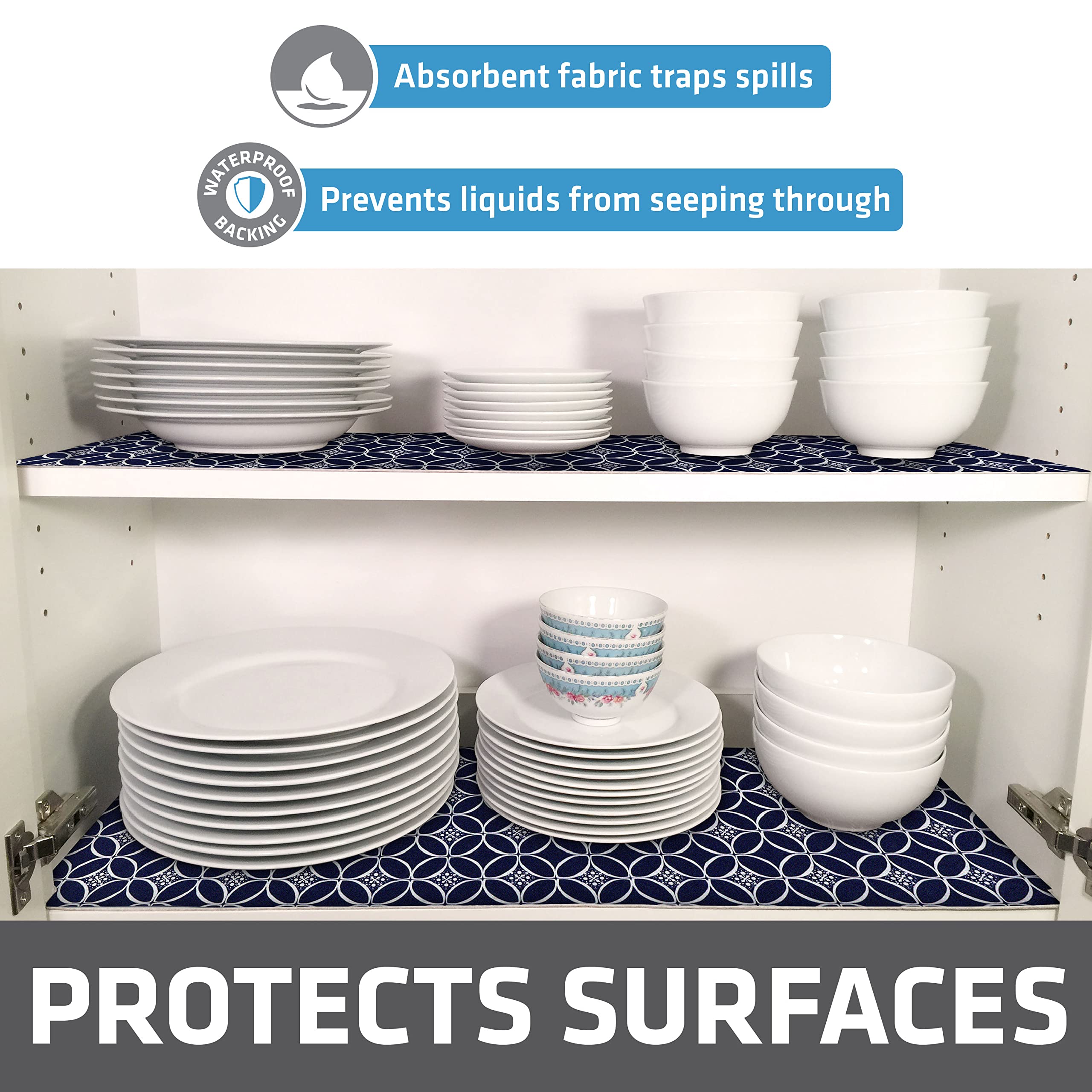 Drymate Indigo waterproof backing blocks liquid seepage from damaging surfaces.