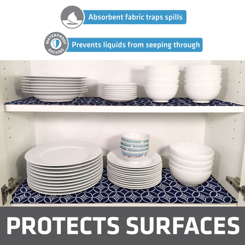 Drymate Indigo waterproof backing blocks liquid seepage from damaging surfaces.