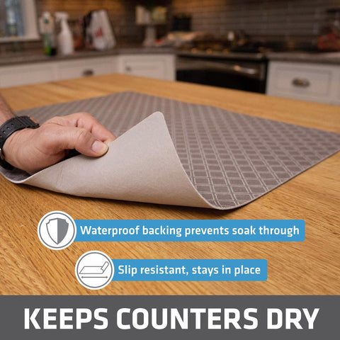 Drymate Jumbo XL absorbent fabric soaks up spills quickly, reducing countertop dampness.