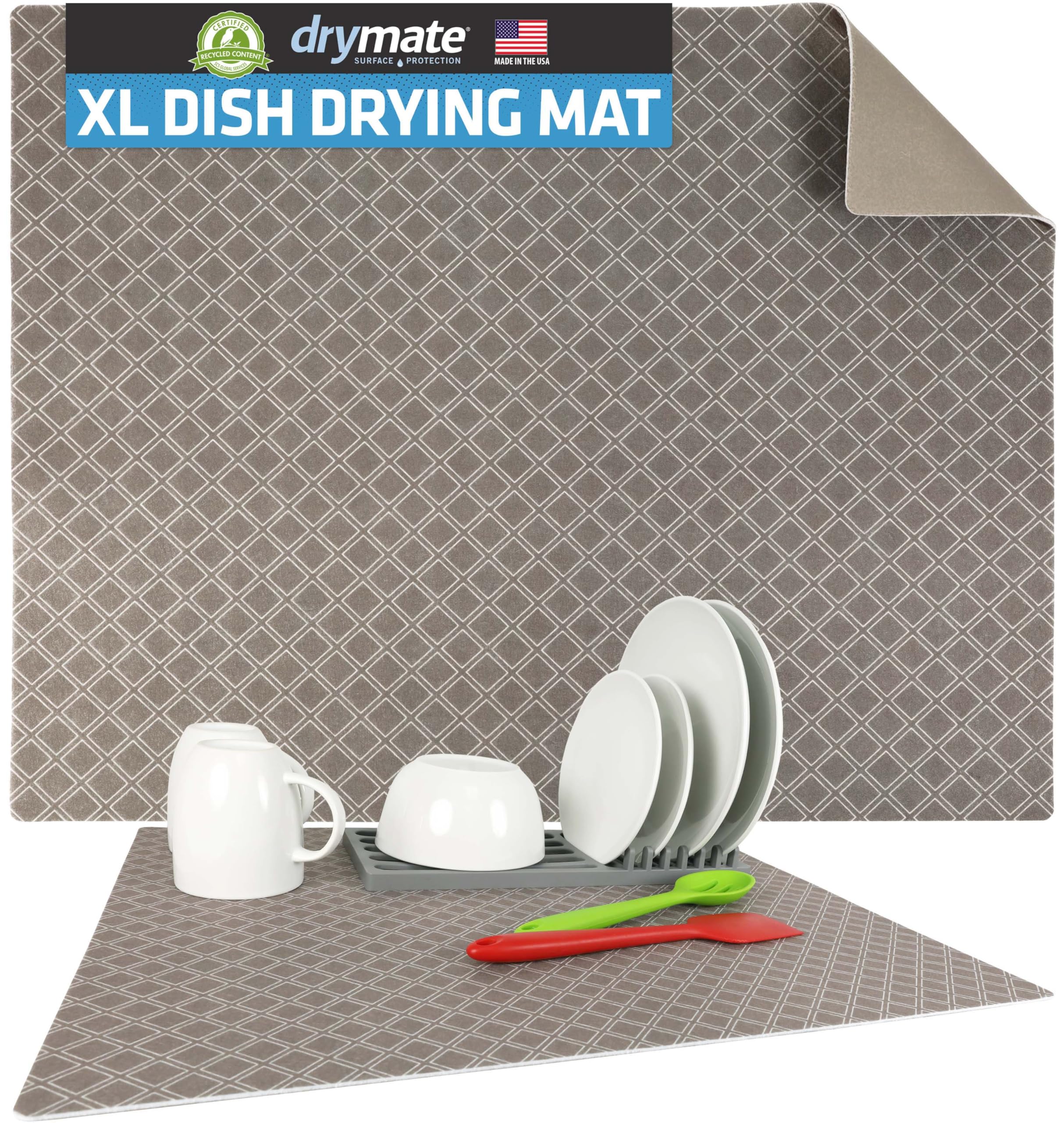 Drymate Jumbo XL dish drying mat shows ample surface for air-drying dishes and glassware.