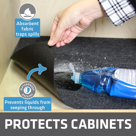 Drymate under-sink mat showing waterproof backing for leak protection