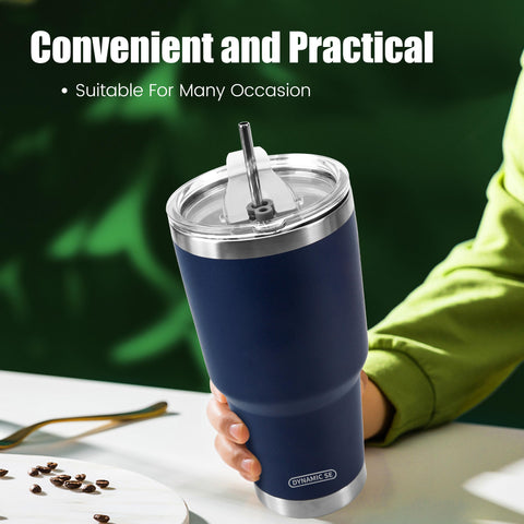 D·S navy tumbler in use, ideal for daily hydration anywhere.