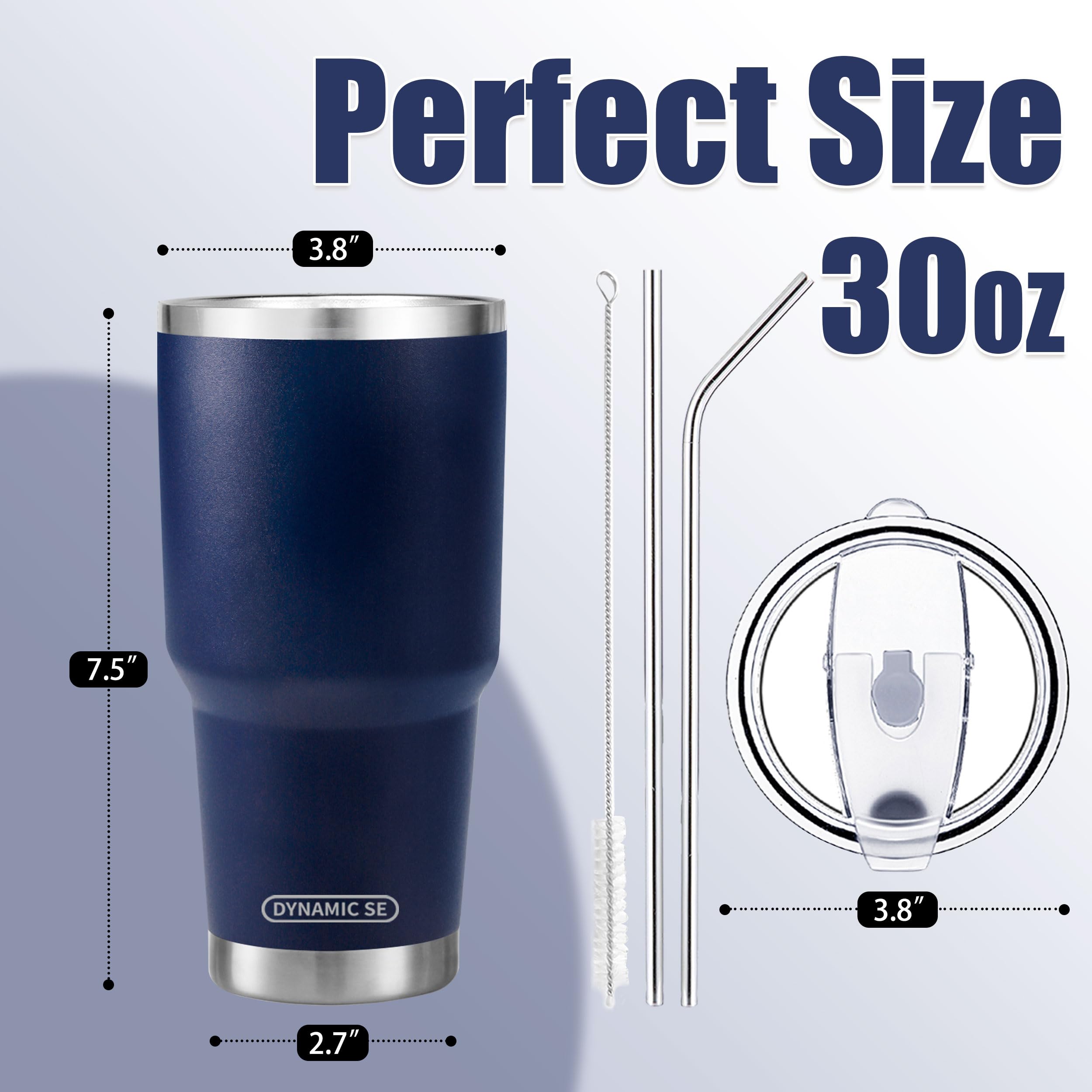D·S navy tumbler shows stainless steel straws for convenient sipping.