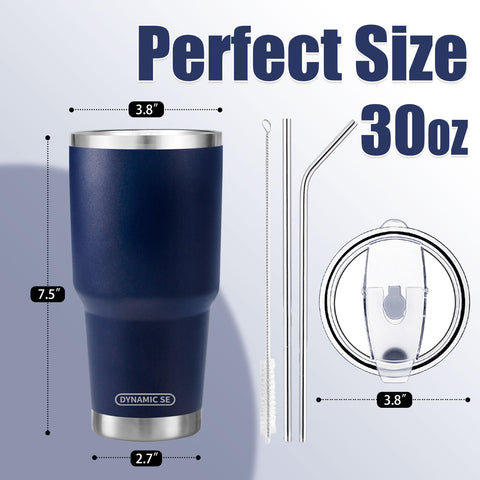 D·S navy tumbler shows stainless steel straws for convenient sipping.