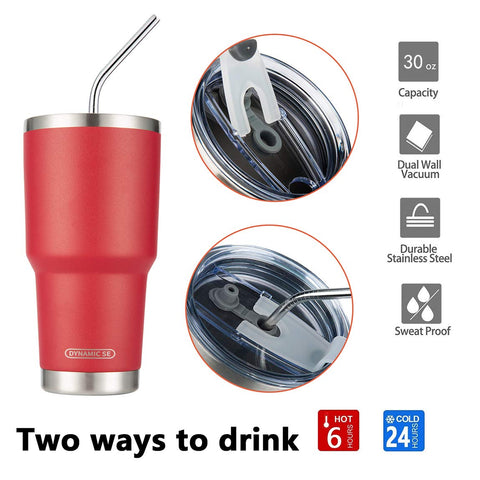 D·S 30oz red tumbler includes stainless steel straws for on-the-go drinking