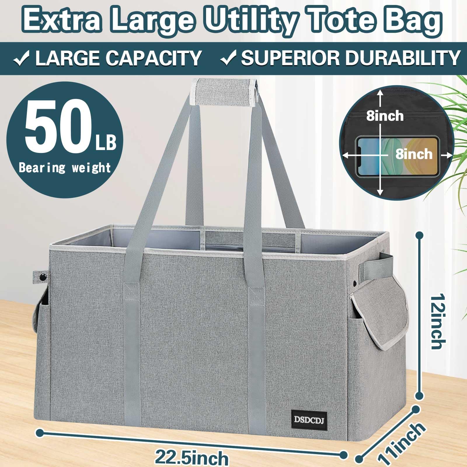 DSDCDJ utility tote with two exterior pockets keeps small items organized during shopping trips.
