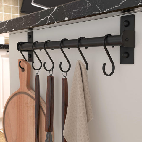 Dseap kitchen rail with eight hooks for utensils and mugs on wall.