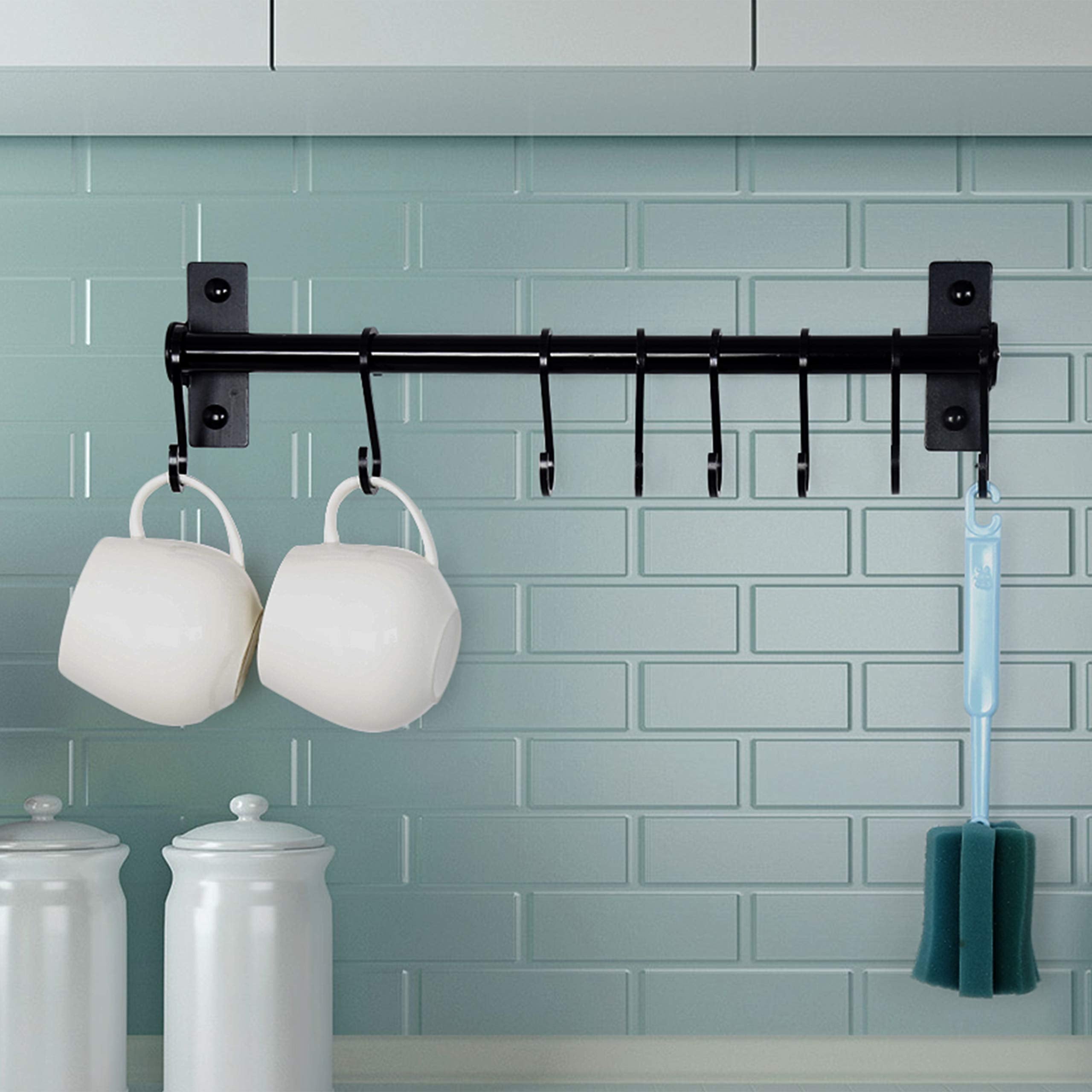 Dseap mug hanging rail in black finish adds accessible cup storage.