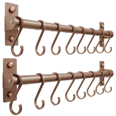 Dseap antique copper utensil rail close up showing eight hooks for easy access.
