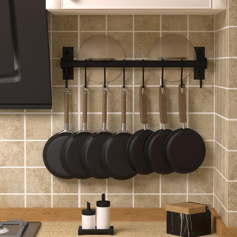 Dseap wall-mounted pot pan rack stores lids and pans within reach.