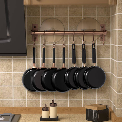 Dseap wall mounted rack with pots and pans ready for use.