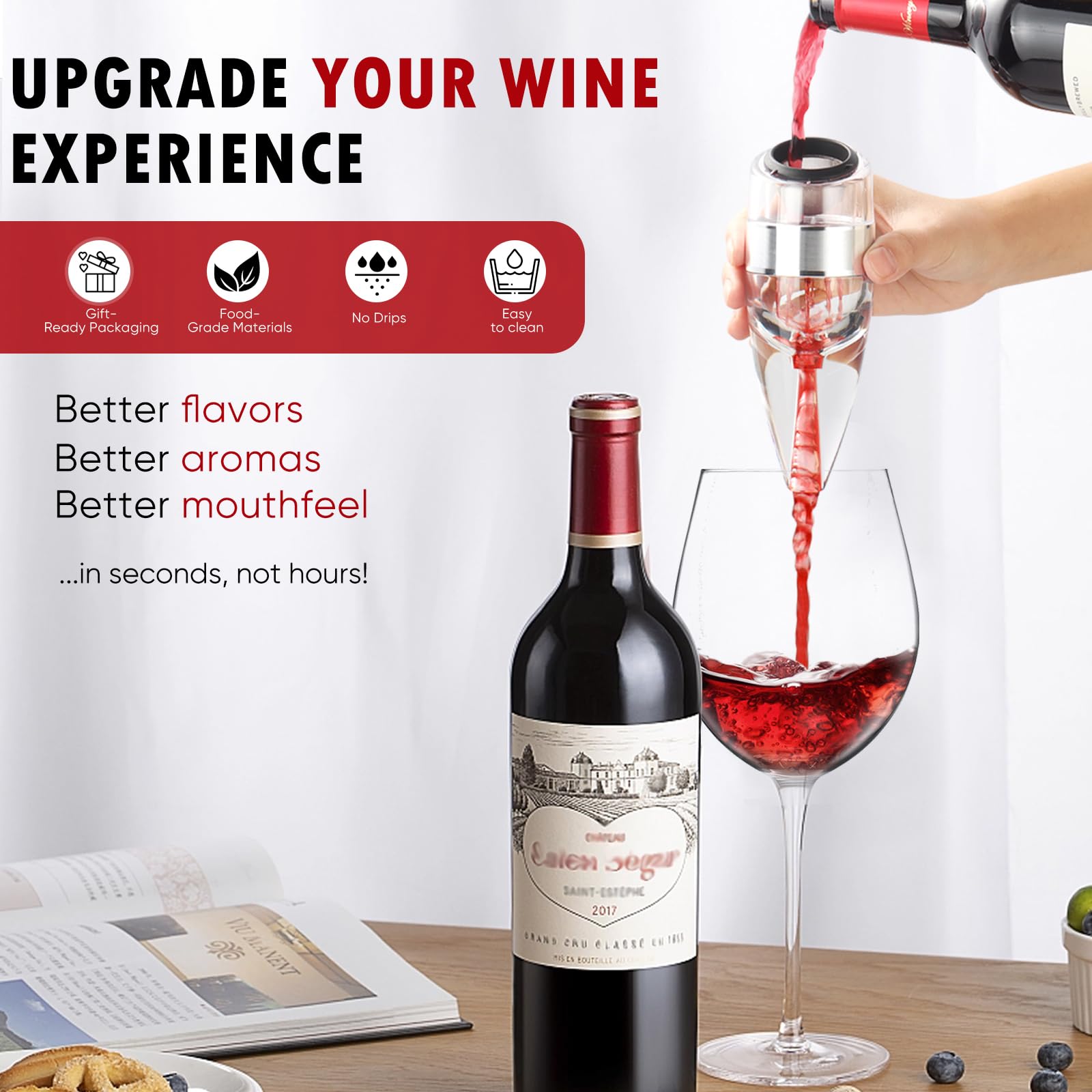 D&Slifei wine aerator pourer closeup vent shows quick aeration and bouquet.