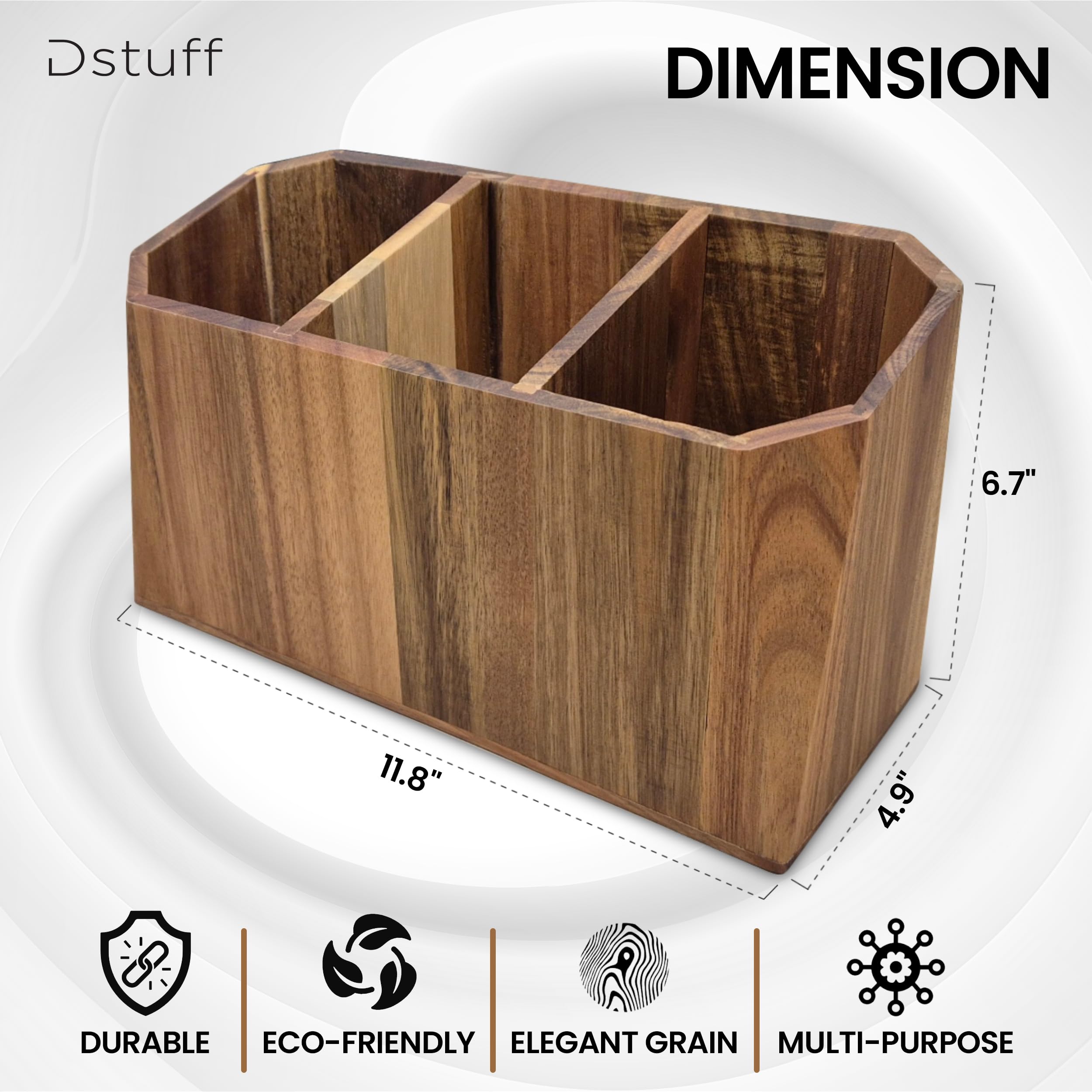 Dstuff acacia utensil holder with three compartments separates spatulas and spoons for easy reach.