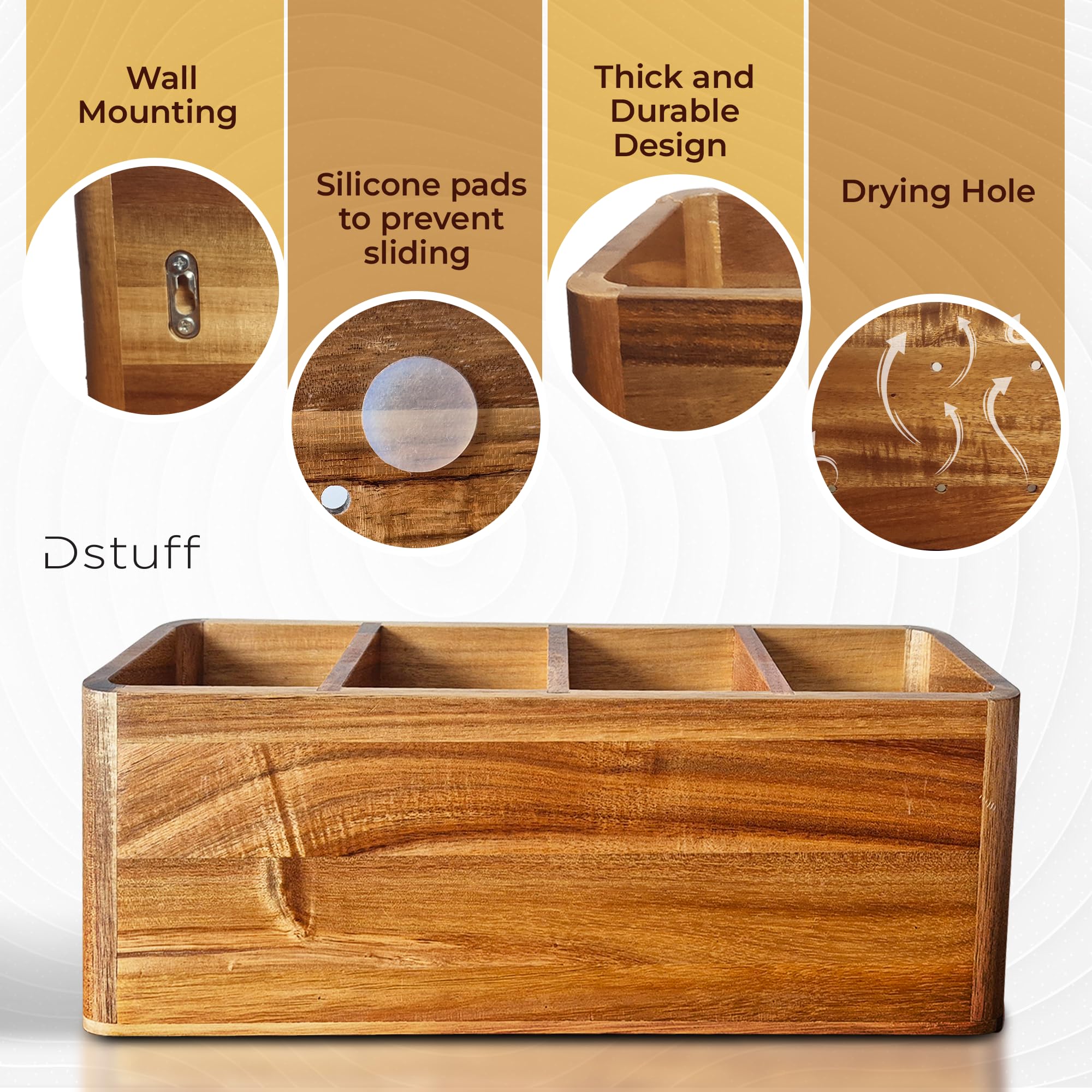 Dstuff acacia wood utensil holder shows drying hole for moisture control
