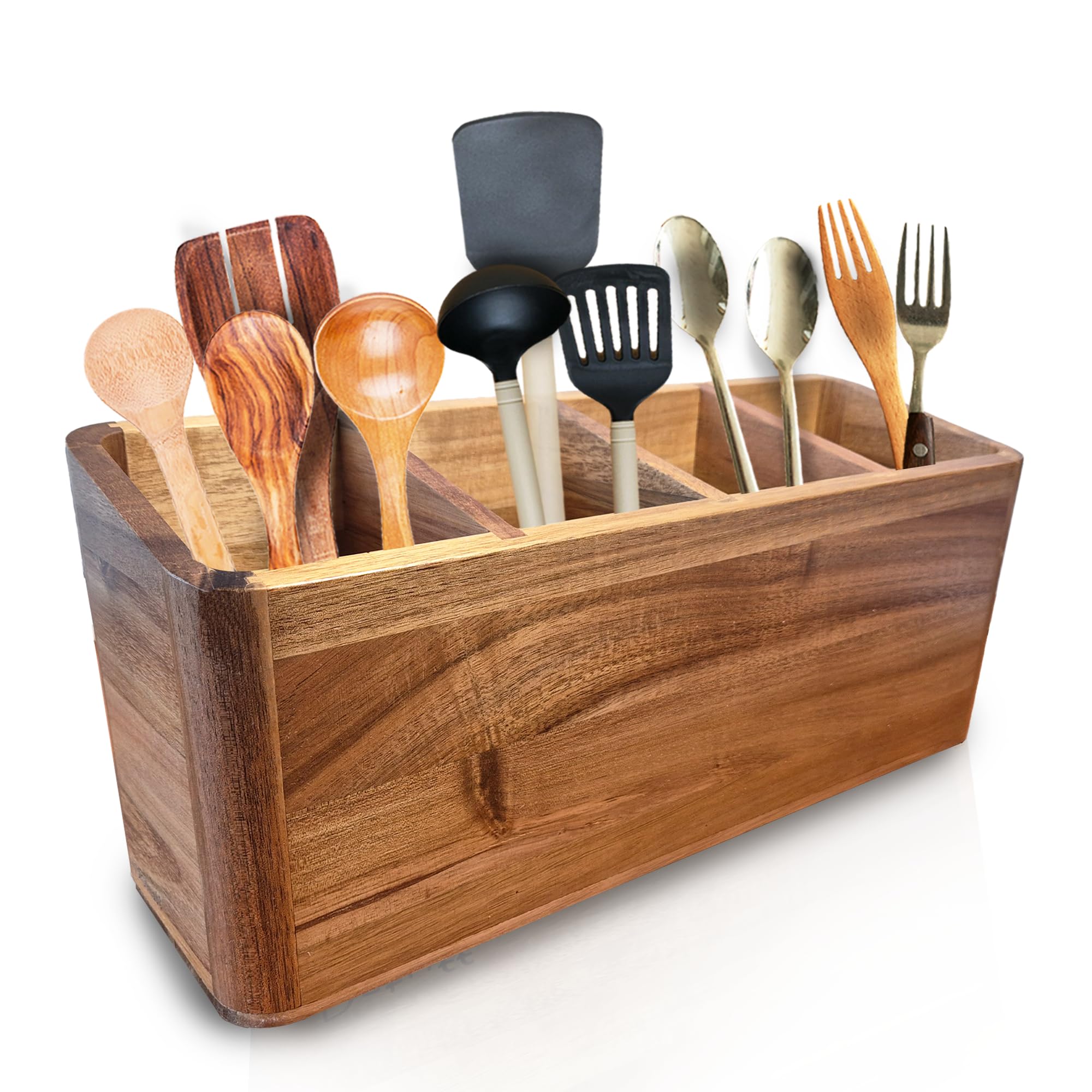 Dstuff large acacia utensil holder with four compartments on a kitchen counter