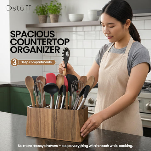 Dstuff large caddy on the countertop helps reduce clutter and improve workflow.