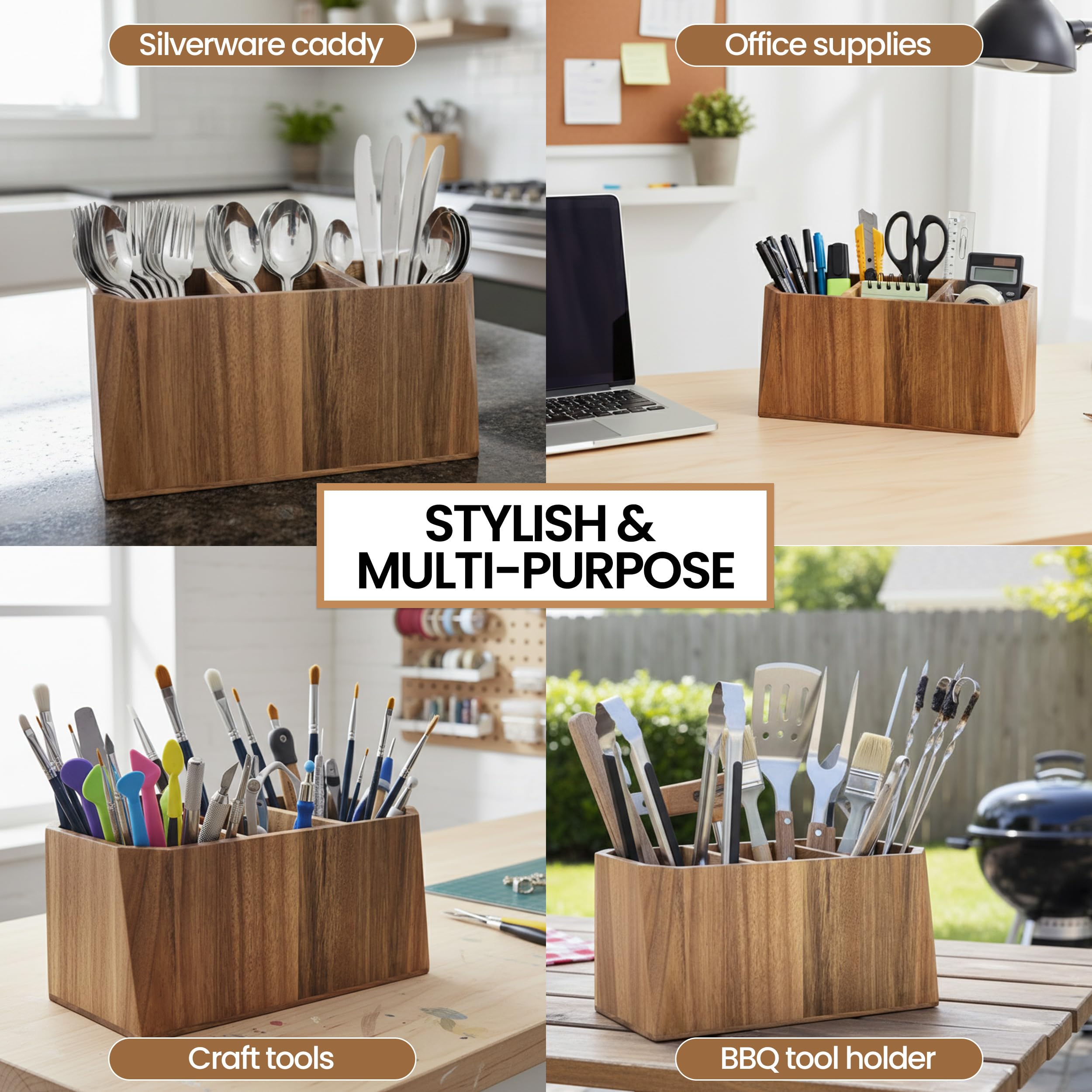 Dstuff utensil holder includes a drain hole for quick air drying.