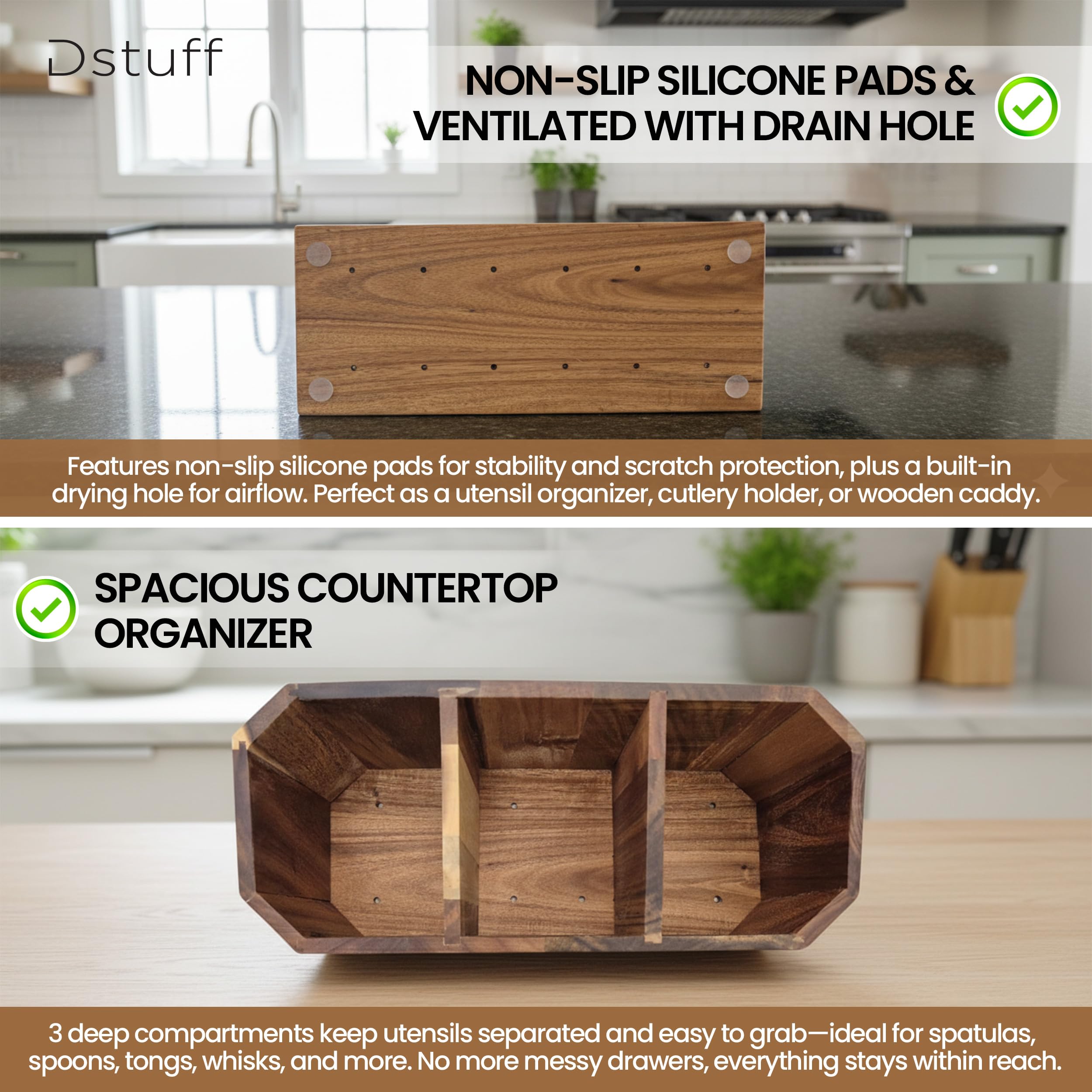 Dstuff holder features non-slip pads to protect countertops and reduce sliding.