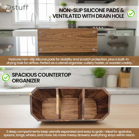 Dstuff holder features non-slip pads to protect countertops and reduce sliding.