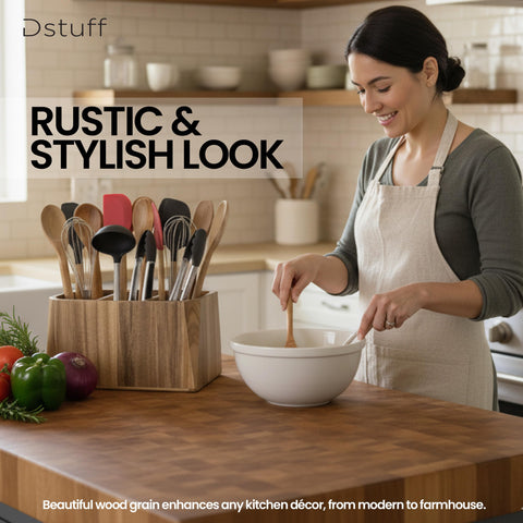 Dstuff acacia wood grain highlights rustic charm while storing cooking tools.