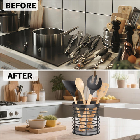DTONIMA open-style utensil holder highlights metal construction and scratch resistance for durable daily use