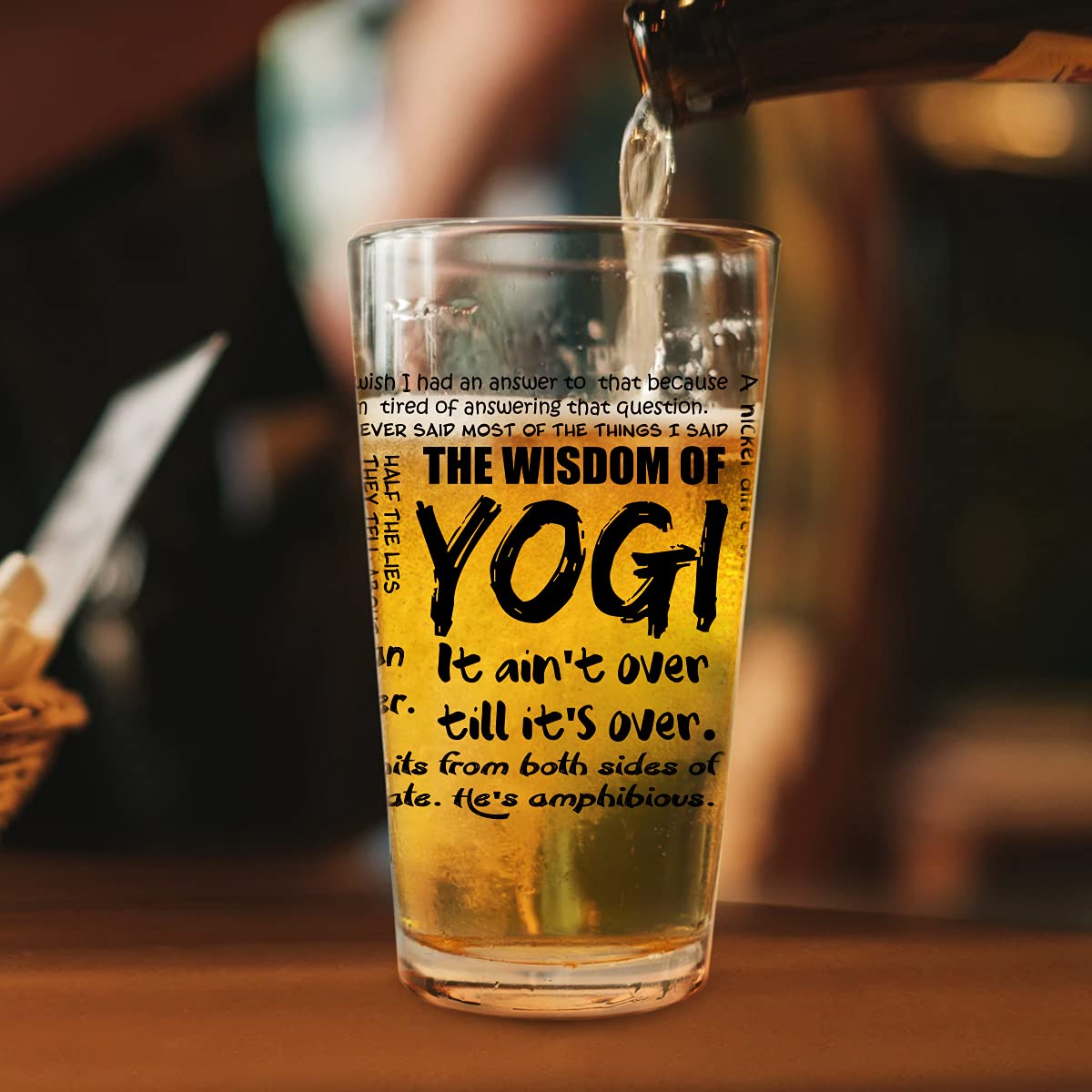 DU VINO Yogi-isms pint glass on Opening Day setup for watching the game