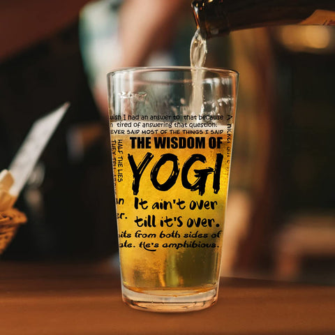 DU VINO Yogi-isms pint glass on Opening Day setup for watching the game