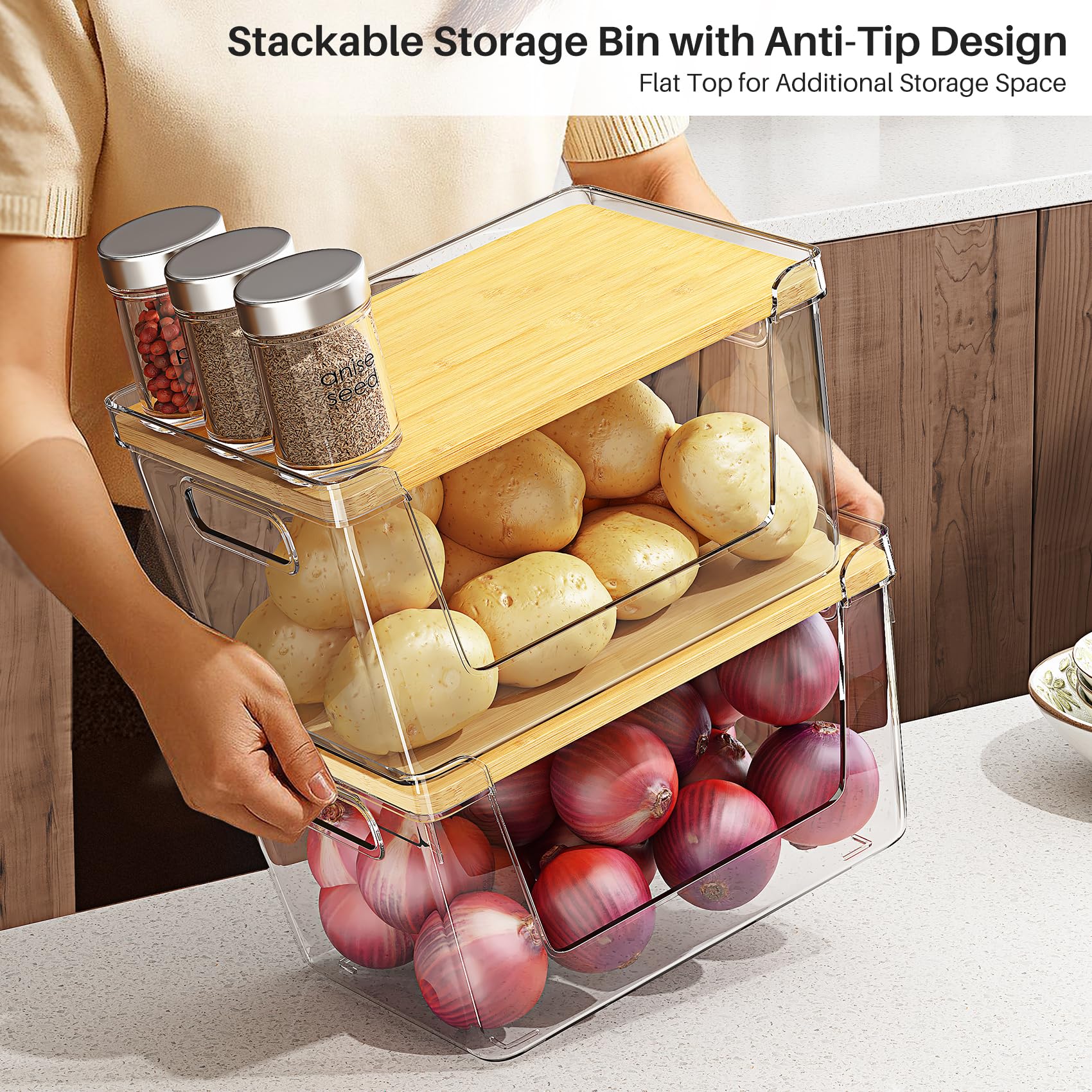 Ducoak onion potato storage bin with lid keeps produce neatly contained.