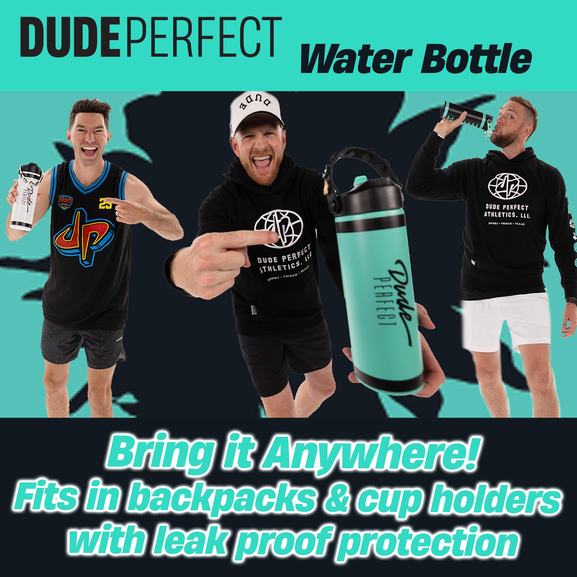 24-ounce Dude Perfect bottle, great for workouts and school days.