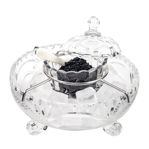 DUEBEL caviar serving set with glass divided bowl for elegant table presentation