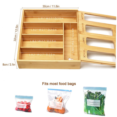 DUJEN bag storage container in bamboo form stores gallon and sandwich bags.
