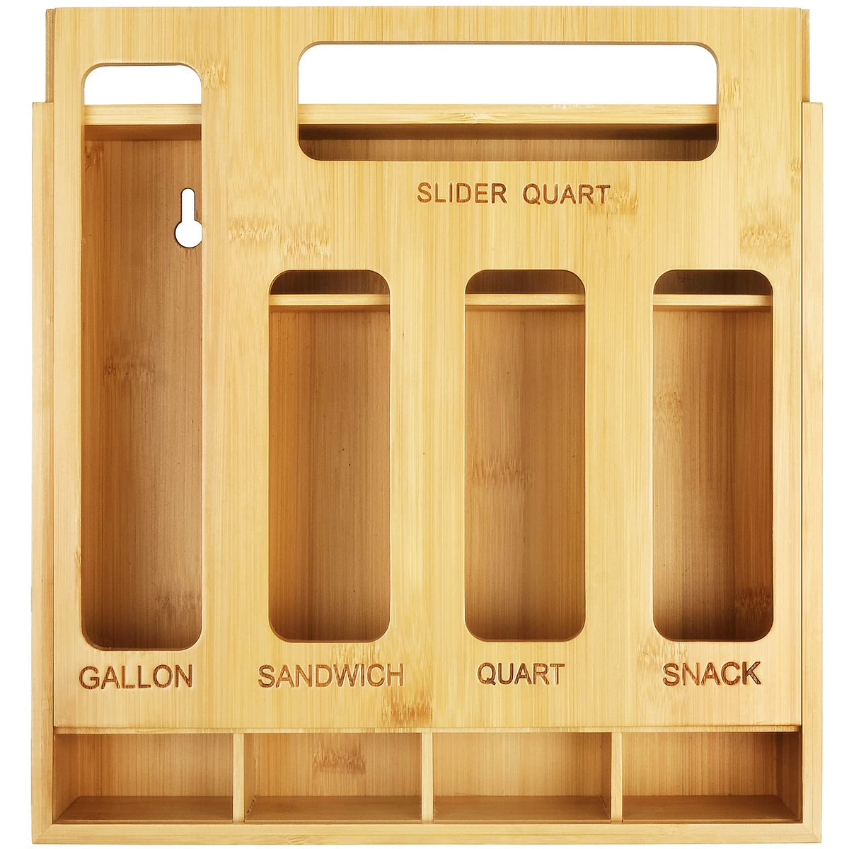 DUJEN bamboo bag organizer in a drawer with slider keeps bags orderly.