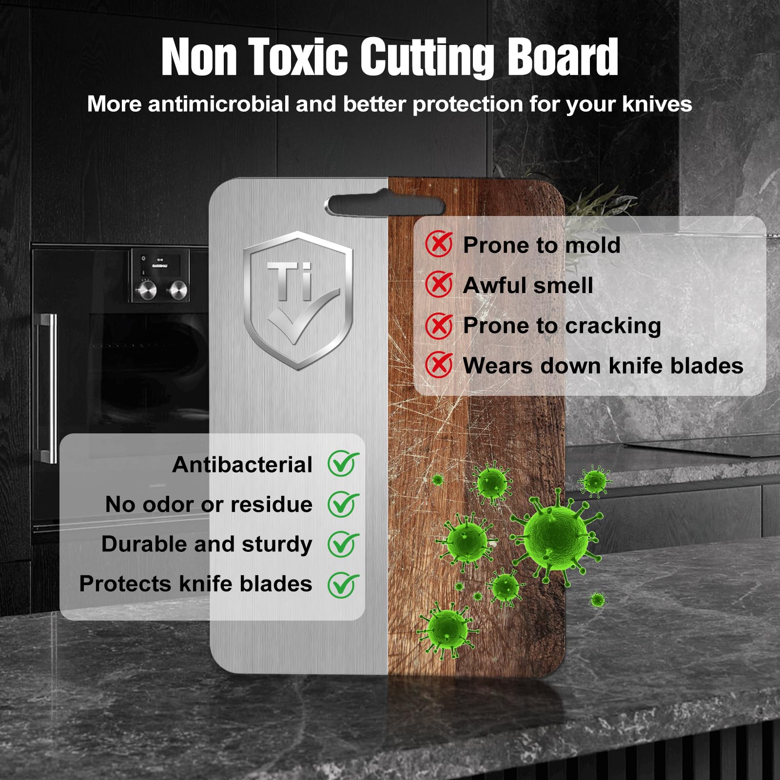 Dujoju titanium cutting board non-porous surface for easy cleaning and odor resistance.