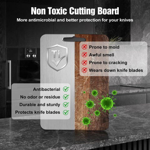 Dujoju titanium cutting board non-porous surface for easy cleaning and odor resistance.