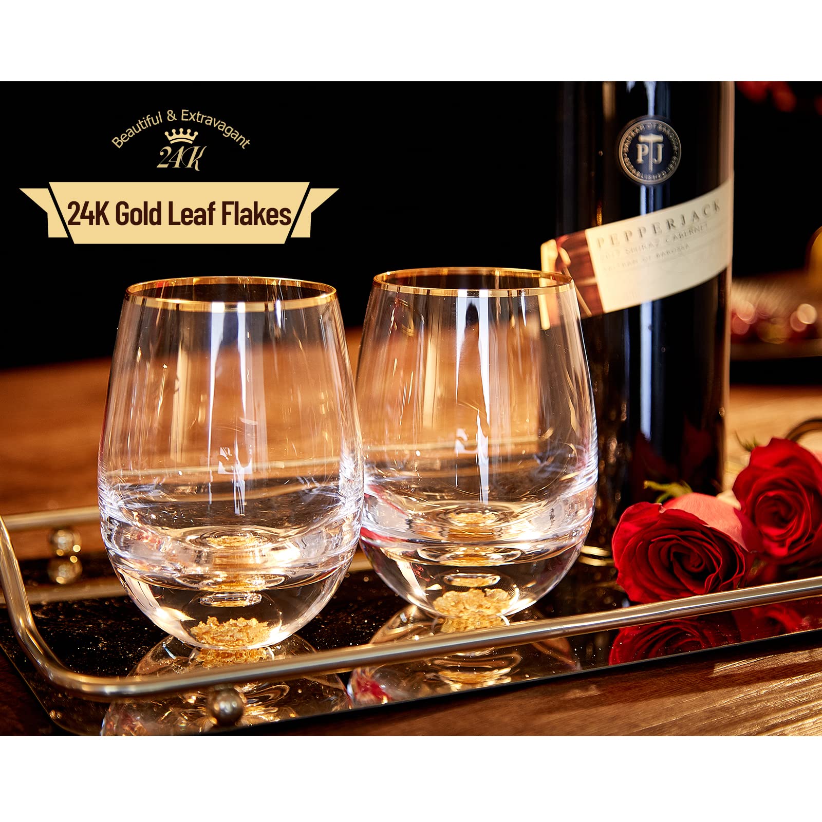 DUJUST 24K gold leaf rim glass adds luxurious visual flair to red or white wine.