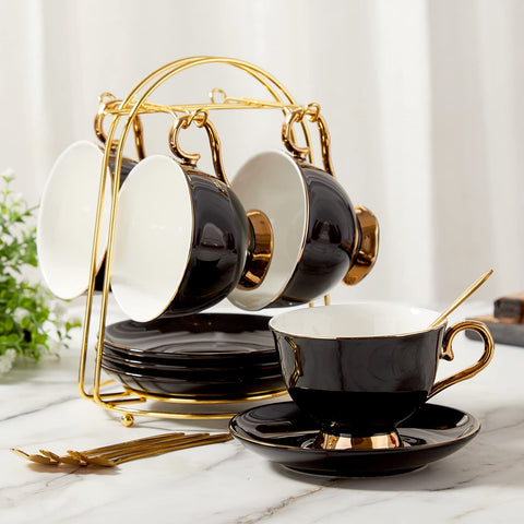 DUJUST black-gold tea set with four cups, ideal for elegant tea parties.