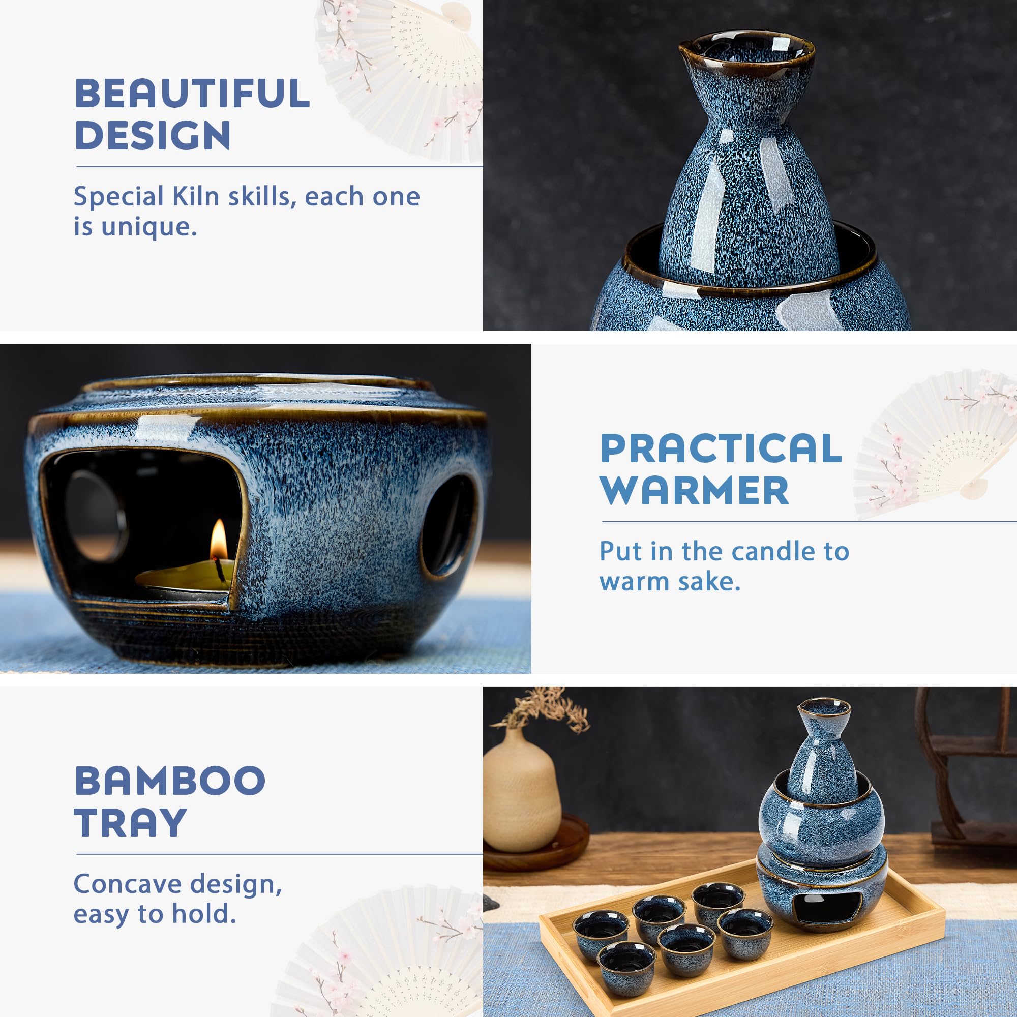 DUJUST blue sake bottle pour demonstrates smooth rim for spill-free serving