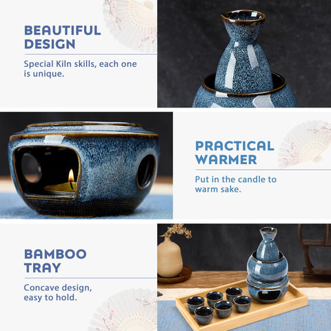 DUJUST blue sake bottle pour demonstrates smooth rim for spill-free serving