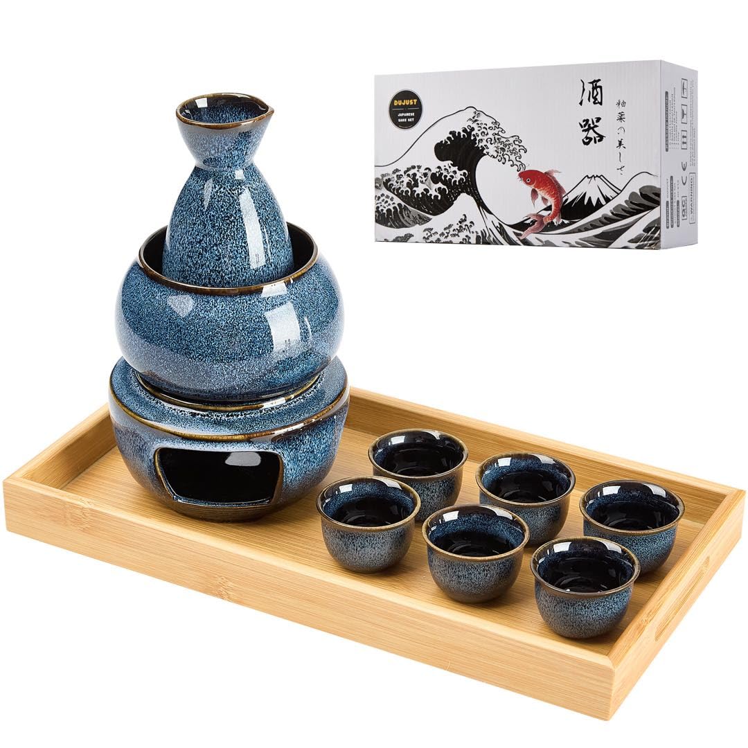 DUJUST blue sake set full view for elegant entertaining