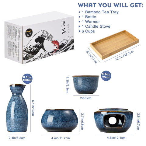 DUJUST blue sake tray and box display with gift-ready presentation