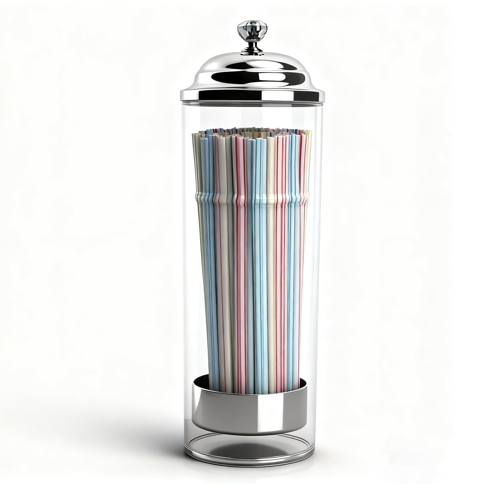 Dukars glass straw dispenser with 100 straws on a kitchen counter.