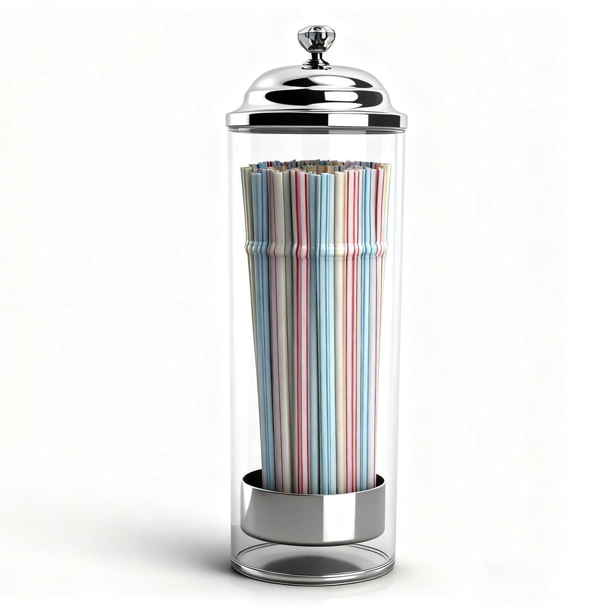 Dukars glass straw dispenser with 100 straws on a kitchen counter.