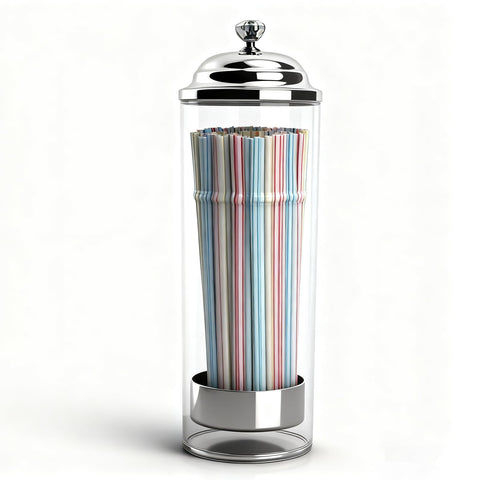 Dukars glass straw dispenser with 100 straws on a kitchen counter.