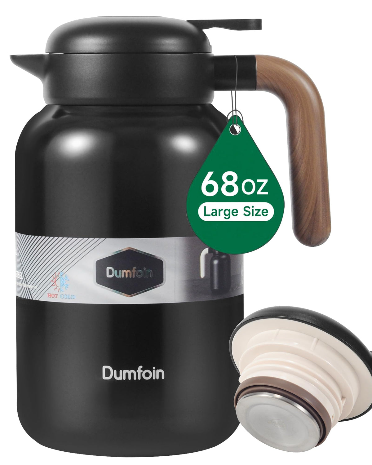 Dumfoin 68oz thermal carafe lid closes securely for mess-free serving.