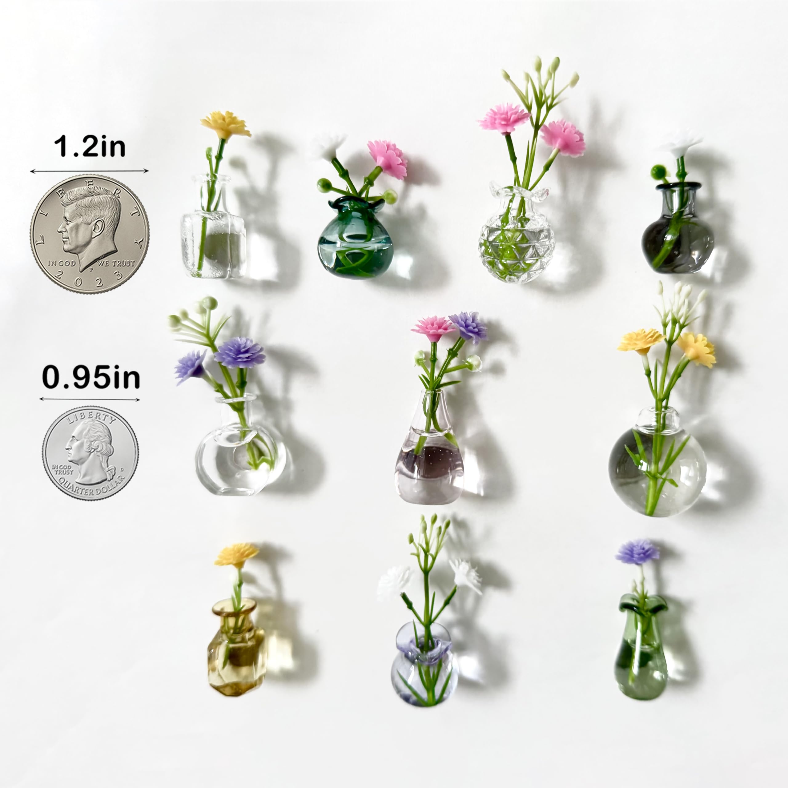 DUMPILL mini vase set of 10 vases with artificial flowers on desk.