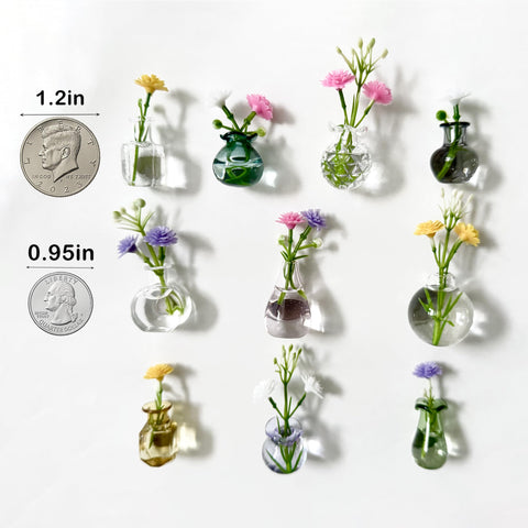 DUMPILL mini vase set of 10 vases with artificial flowers on desk.