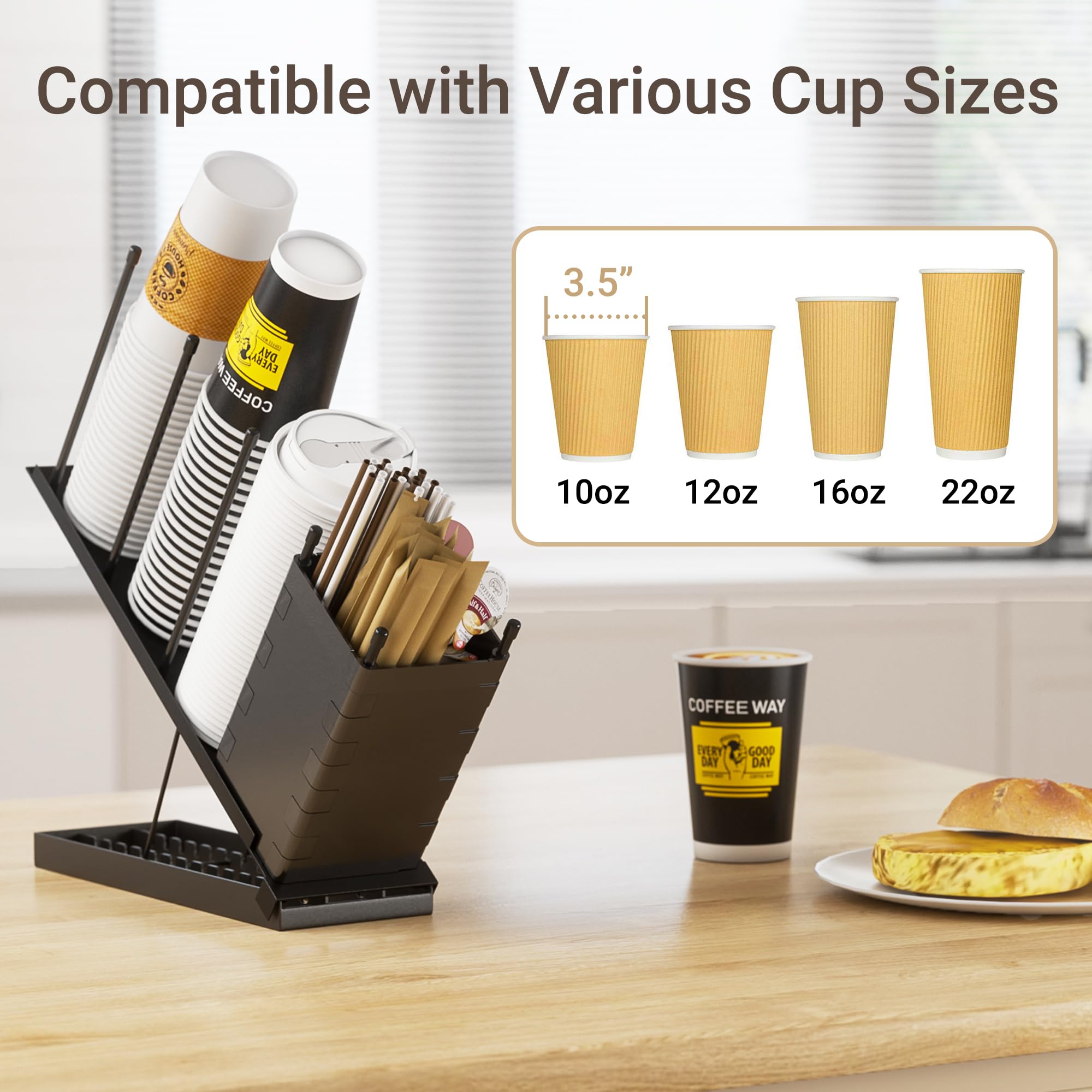 Dunatou four-compartment dispenser stores cups and accessories within reach
