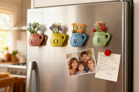 DUNGGLE Love fridge vase with green E, colorful accents and reminders