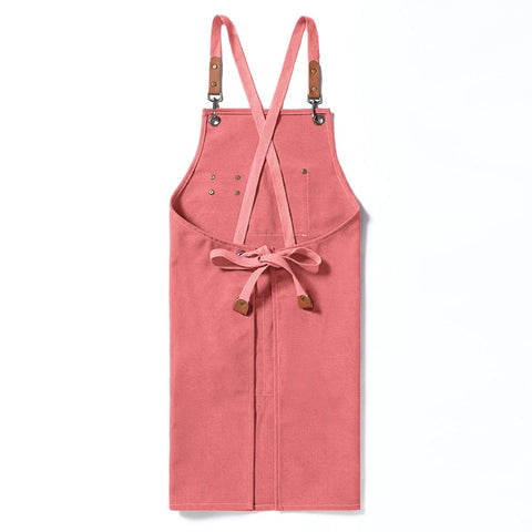 Duogoo pink cross-back apron back view showing adjustable straps reduce neck strain