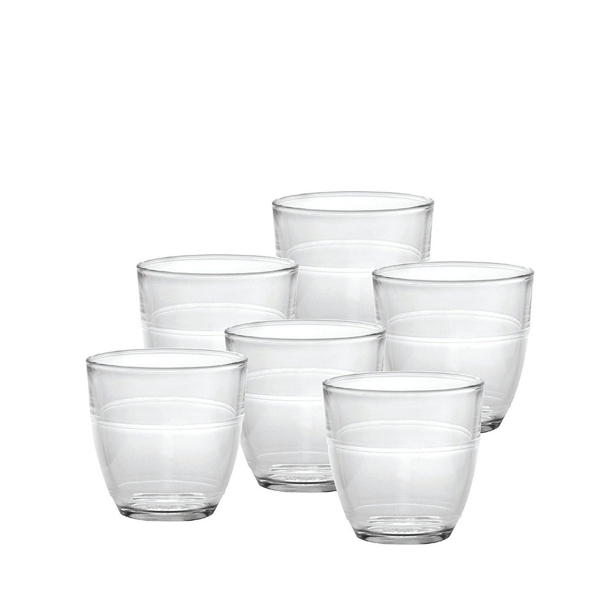 Duralex Set of 6 clear tumblers for everyday beverages.